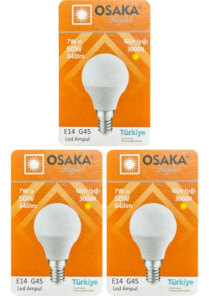 (3 adet) Osaka 7W (50W) Sarı IŞIK E14 DUYLU (Ince Duy) LED Mini Ampul