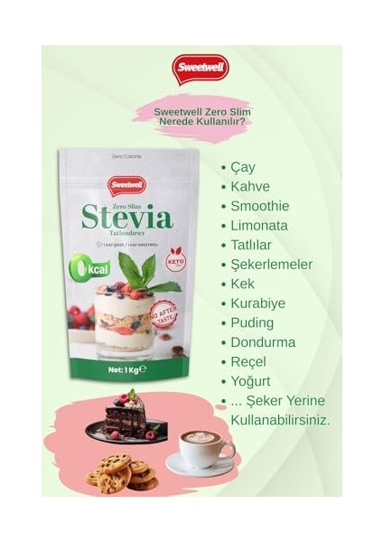 Sweetwell Zero Slim Stevia & Eritritol Tatlandırıcı 1 kg Şekersiz, 0 Kalori, Keto ve Vegan Uyumlu modelleri