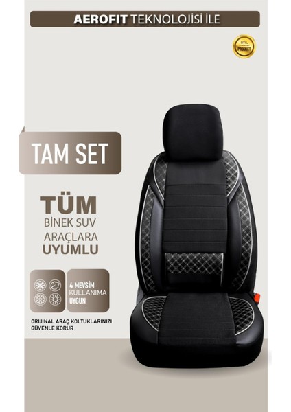 Volvo 480 Uyumlu Yarı Deri Oto Koltuk Kılıfı Ön/arka Set Neta Seri Siyah-Beyaz