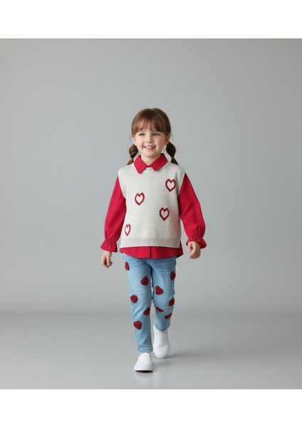 Kalp Desenli Yelekli Üçlü Takım Kız Çocuk