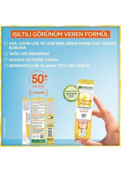Garnier C Vitamini Parlak Günlük Güneş Koruyucu Fluid Yüz Kremi Işıltılı Doku SPF50, 40 ml modelleri