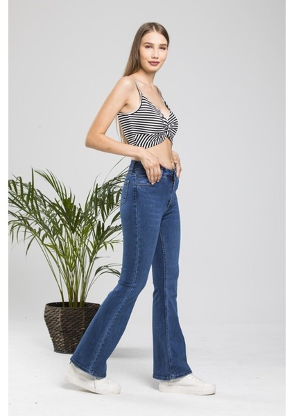 jean Adenle Ispanyolsolmaz Renk Koyu Mavi Jeans Flared Jeans Yüksek Bel fırsatları