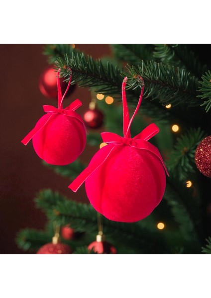 Yılbaşı Topu 8cm Kadife 3lü Fiyonklu Kırmızı AST7261