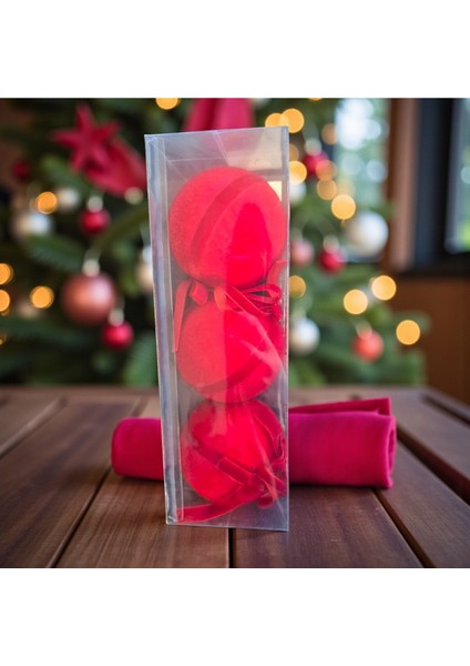 Yılbaşı Topu 8cm Kadife 3lü Fiyonklu Kırmızı AST7261 modelleri