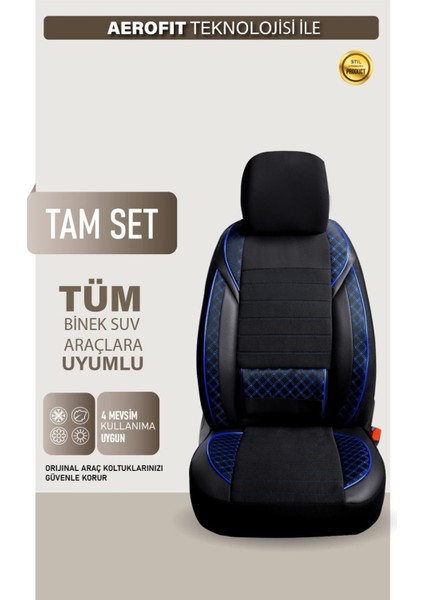 Chevrolet Captiva Uyumlu Yarı Deri Oto Koltuk Kılıfı Ön/arka 5 Li Set Norm Siyah-Mavi indirimleri