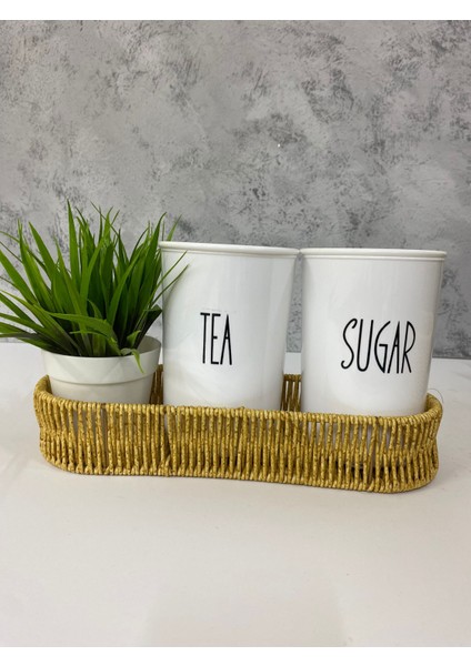 Rattan Sepetli 2'li Akrilik (Plastik) Çay/şeker Saklama Kabı Çiçek Hediyeli 4'lü Kavanoz Seti