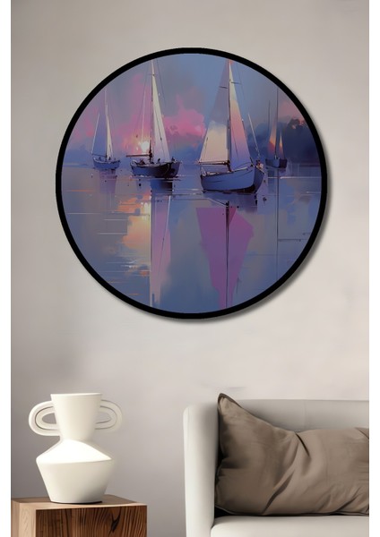Dekoratif Ahşap Yuvarlak Çerçeve Görünümlü Tablo Yelkenliler Gölde Gündoğumu