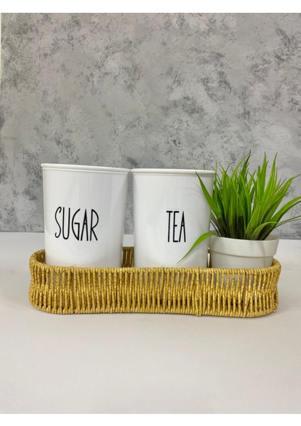 Rattan Sepetli 2'li Akrilik (Plastik) Çay/şeker Saklama Kabı Çiçek Hediyeli 4'lü Kavanoz Seti modelleri