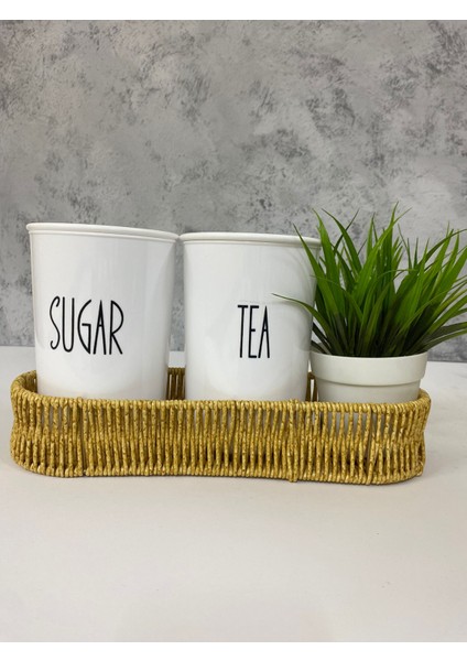 Rattan Sepetli 2'li Akrilik (Plastik) Çay/şeker Saklama Kabı Çiçek Hediyeli 4'lü Kavanoz Seti fırsatları