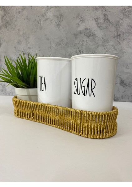 Rattan Sepetli 2'li Akrilik (Plastik) Çay/şeker Saklama Kabı Çiçek Hediyeli 4'lü Kavanoz Seti