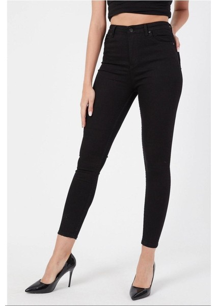 Elite Aideen Solmayan Siyah Yüksek Bel Dar Paça Skinny Jean Denim Pant.