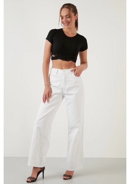 Blacksea Mood Casual Yüksek Bel Süper Salaş Palazzo Denim Pant. Beyaz