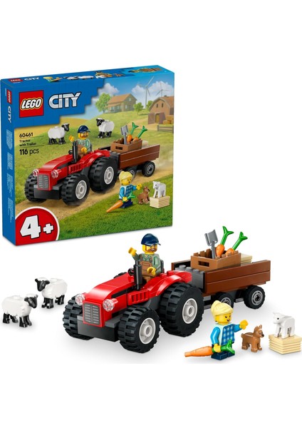 City Römorklu Kırmızı Çiftlik Traktörü ve Koyun 60461-4 Yaş ve Üzeri Çocuklar Için Yaratıcı Oyuncak Yapım Seti, Doğum Günü Hediyesi (116 Parça)
