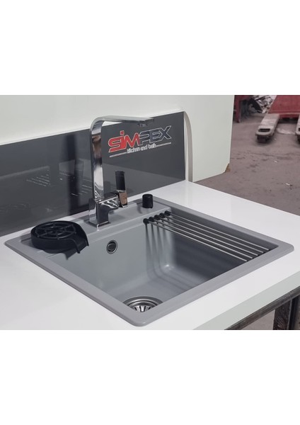 Tek Göz Metalik Gri Granit Evye Tezgah Üstü&tezgaha Sıfır Uyumlu ( 49X50CM) Tam Paket