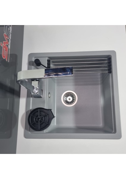 Tek Göz Metalik Gri Granit Evye Tezgah Üstü&tezgaha Sıfır Uyumlu ( 49X50CM) Tam Paket fırsatları