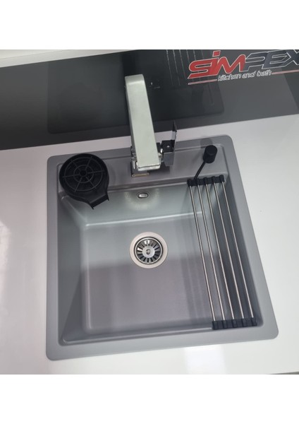 Tek Göz Metalik Gri Granit Evye Tezgah Üstü&tezgaha Sıfır Uyumlu ( 49X50CM) Tam Paket indirimleri