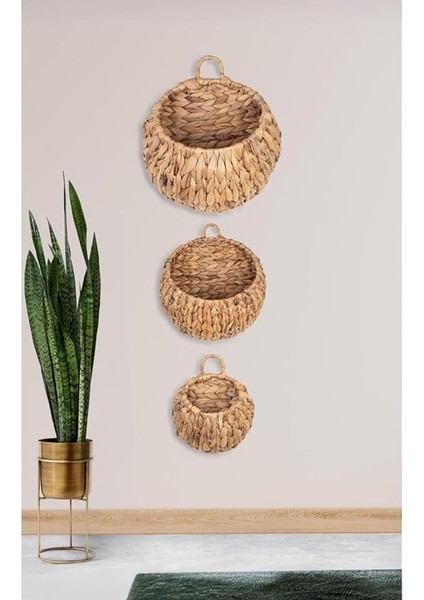 3'lü Asılabilir El Yapımı ve Doğal Yuvarlak Hasır Dekoratif Mektupluk ve Anahtarlıjk Seti, 3'lü Hasır Yuvarlak Saksı Seti, Hasır Kapı Süsü 3'lü Set