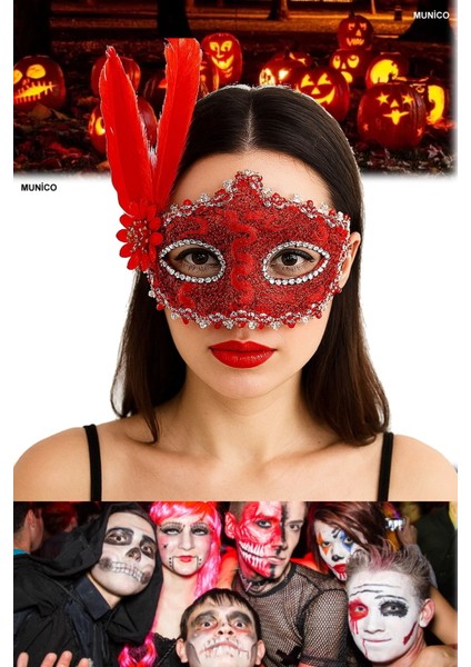 3 Adet Kırmızı Dantelli Parti Maskesi Tüylü ve Taşlı, Göz Çevresi Işlemeli | Maskeli Balo Aksesuarı fırsatları