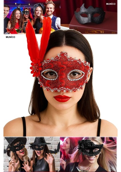 3 Adet Kırmızı Dantelli Parti Maskesi Tüylü ve Taşlı, Göz Çevresi Işlemeli | Maskeli Balo Aksesuarı