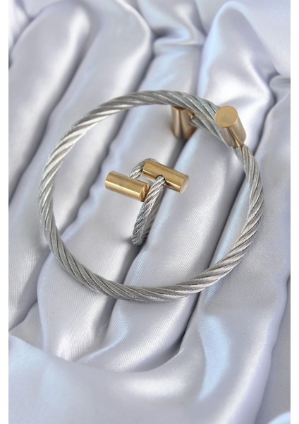 Bfs 316L Çelik Gümüş Renk Gold Detay Sarmal Model Erkek Bileklik Yüzük Kombini