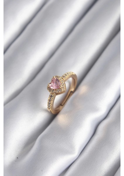 Bfs Pirinç Gold Renk Pembe Zirkon Taş Kalp Charm Model Kadın Yüzük