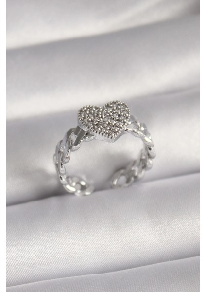 Bfs Pirinç Gümüş Renk Zirkon Taşlı Kalp Model Kadın Yüzük