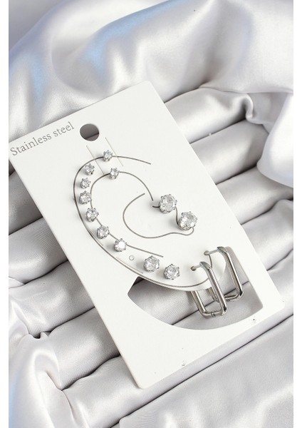 Bfs 316L Çelik Dikdörtgen Figürlü ve Zirkon Taşlı Gümüş Renk 7'li Çift Kadın Küpe Set