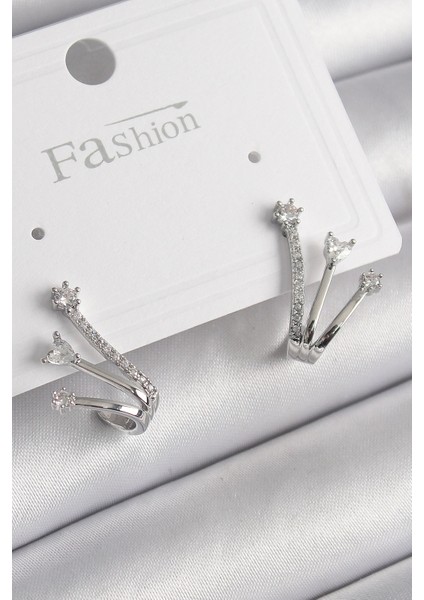 Bfs Pirinç Gümüş Renk Zirkon Taşlı Kadın Küpe