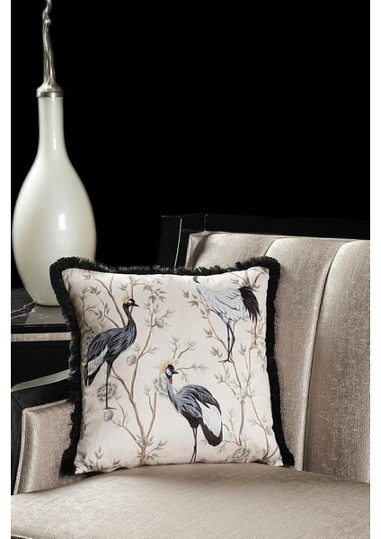 Lüks Kadife 43X43 cm Kırlent Kılıfı Dekoratif Yumuşak Salon Koltuk Avangart Saçaklı Beyaz