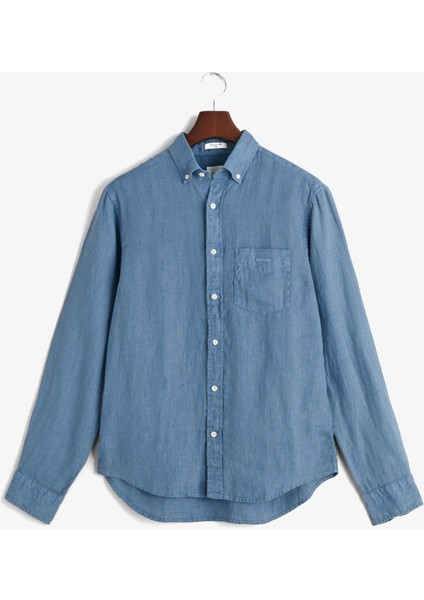 Erkek Mavi Regular Fit Düğmeli Yaka Keten Gömlek