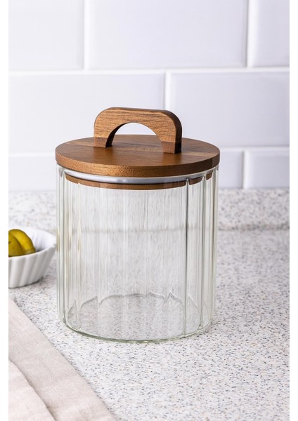 Borosilikat Cam Optik Çizgili Akasya Kapaklı Kavanoz Zahire 1750 ml