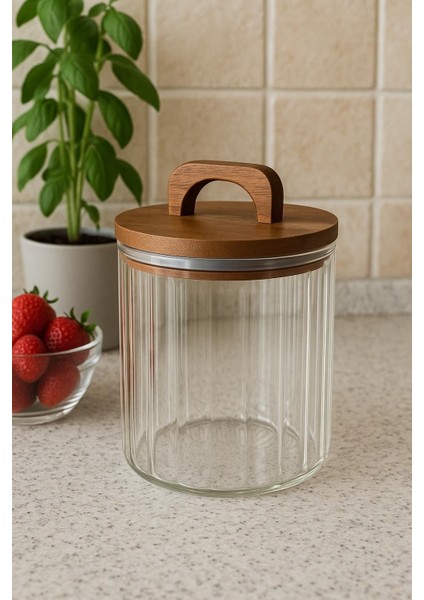 Borosilikat Cam Optik Çizgili Akasya Kapaklı Kavanoz Zahire 1750 ml fiyatları