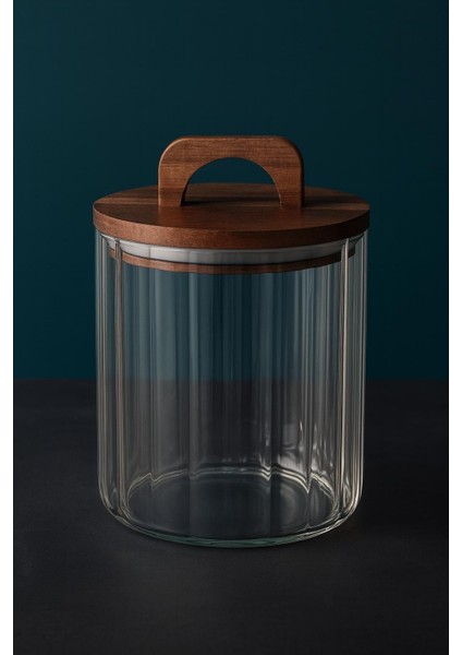 Borosilikat Cam Optik Çizgili Akasya Kapaklı Kavanoz Zahire 1750 ml modelleri