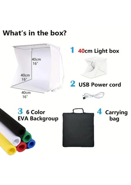Katlanır Işıklı Fotoğraf Stüdyosu 40X40 cm 6 Renk Fonlu Ürün Çekimi Için Uygun Fotoğraf Çekim Kutusu modelleri