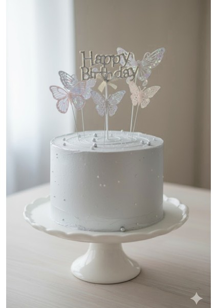 Pasta Üstü Happy Birhtday & Kelebek Süs Seti Gümüş