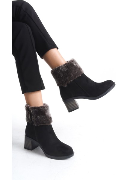Katya Fermuarlı Ortopedik Taban Topuklu Kürk Detaylı Süet Kadın Bot Sst - Siyah