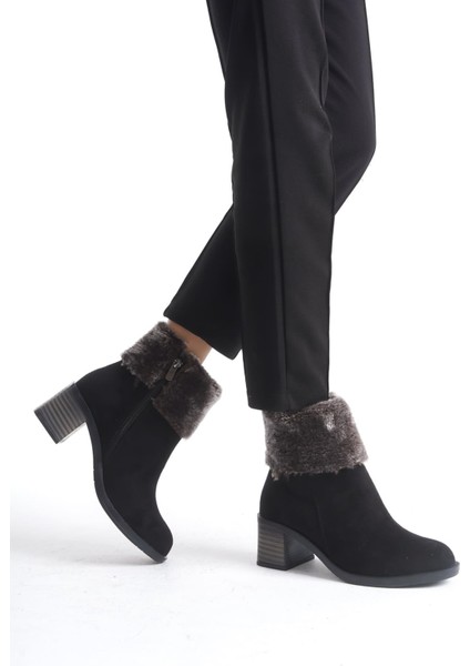 Katya Fermuarlı Ortopedik Taban Topuklu Kürk Detaylı Süet Kadın Bot Sst - Siyah fiyatları