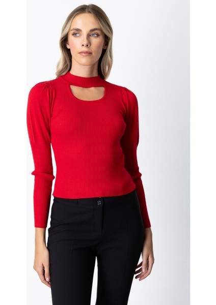 Kadın Balon Kol Pencere Detaylı Kazak 65303 Kırmızı