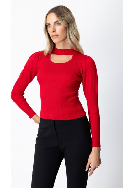 Kadın Balon Kol Pencere Detaylı Kazak 65303 Kırmızı fiyatları