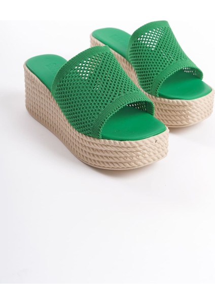 Marla Dolgu Topuklu Ortopedik Taban Hasır Görünümlü Triko Kadın Terlik Tkt - Yeşil modelleri