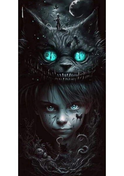 Cheshire Kedisi Kapı Direk Kaplama Folyosu Baskılı Sticker Sağ-Sol 2 Adet 22*50 cm