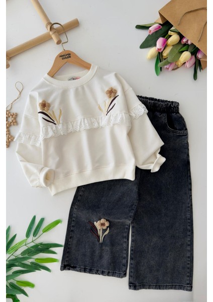 Papatya Örgü Fisto Detaylı Kız Çocuk Bol Pantolonlu takım - Siyah