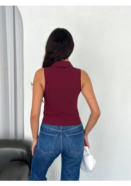 Yakalı Tam Fermuarlı Kolsuz Bluz - Bordo fiyatları