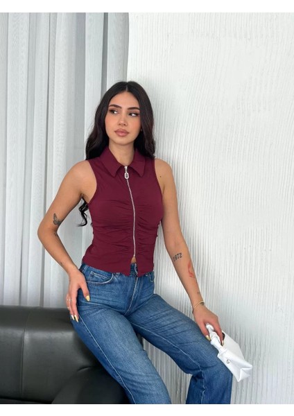 Yakalı Tam Fermuarlı Kolsuz Bluz - Bordo modelleri