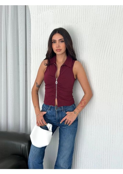 Yakalı Tam Fermuarlı Kolsuz Bluz - Bordo indirimleri