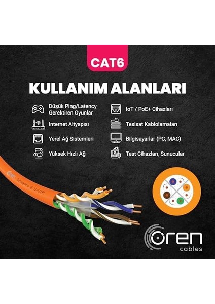Kablo 305M Cat6 Utp Ethernet Ağ Kablosu Lszh 23 Awg (Turuncu) fiyatları