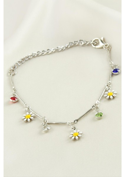 Lzrdwzrd Papatya Taşlı Mineli Bileklik-Gümüş Rengi
