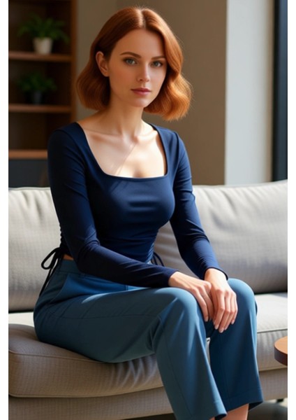 Kadın Fitted Kare Yaka Büzgülü Uzun Kollu Crop Örme Üst Giyim Kaliteli Şık Rahat Modern Zarif