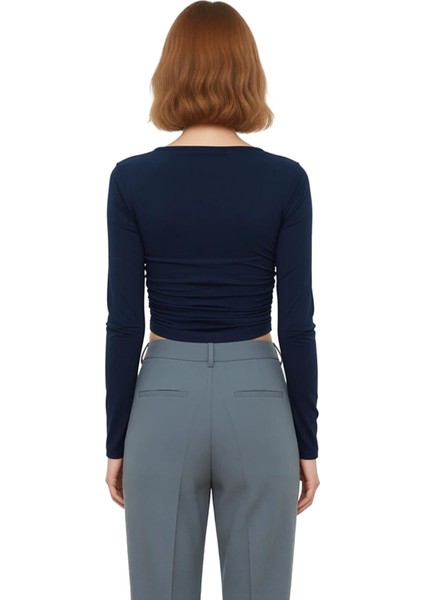 Kadın Fitted Kare Yaka Büzgülü Uzun Kollu Crop Örme Üst Giyim Kaliteli Şık Rahat Modern Zarif modelleri