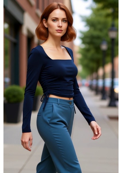 Kadın Fitted Kare Yaka Büzgülü Uzun Kollu Crop Örme Üst Giyim Kaliteli Şık Rahat Modern Zarif fırsatları